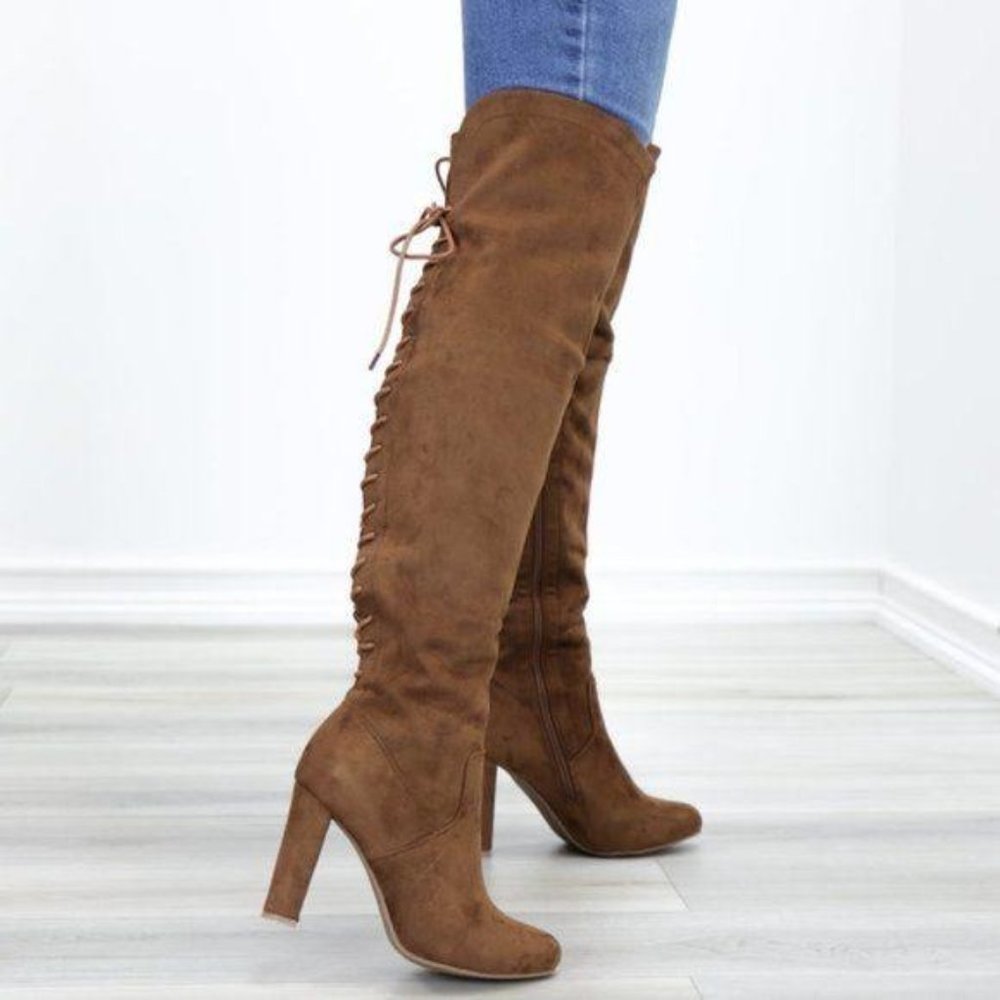 Suede Over The Knee Heeled Boots With Lace Up Back - Picture 8 of 13